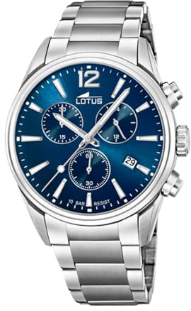 LOTUS Reloj Hombre Analógico de Acero Inoxidable 316l Plateado - Movimiento de Cuarzo - Cronógrafo - Calendario - Cristal Mineral de Alta Resistencia - Resistente al Agua 10 ATM Casual 18690/1 Chrono