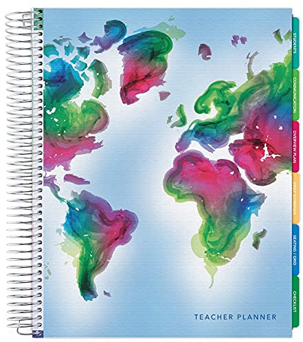 Elan Publishing Company Deluxe Undated Teacher Planner: 8.5x11 Includes 7 Periods, Page Tabs, Bookmark, Planning Stickers, Pocket Folder Daily Weekly Monthly Planner Yearly Agenda (World Map)