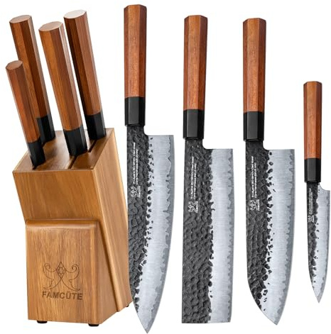FAMCüTE Japanese Knife Block Set, Hand Forged 5-Layer 9CR18MOV Clad Steel Ultra Sharp Kitchen Knives with Wooden Storage & Rosewood Handle, Includes Chef, Santoku, Nakiri, Fruit Knife for Home Mom/Dad