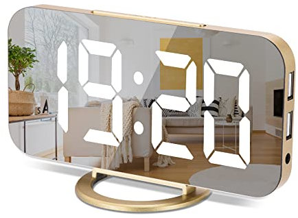 Sukeen Wecker Digital, Spiegel Digitaler Wecker, LED Große Display Uhr Digital mit mit Snooze, 3 Helligkeitsstufen, Dual USB-Ports, Digitale Uhr Tischuhr für Nachttisch, Wohnzimmer, Room Dekor - Gold