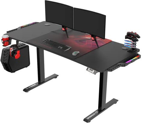 ULTRADESK - Level V2 Höhenverstellbarer Schreibtisch - Elektrischer Computertisch - 140x68 cm, für Gaming, Büro, Homeoffice - Set mit XL-Mauspad, LED RGB - Rot Led