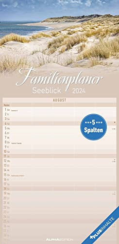 Planificador familiar con vistas al lago 2024, temporizador familiar de 22 x 45 cm, con fechas de vacaciones, 5 columnas, planificador de pared, con mucha información adicional Alpha Edition