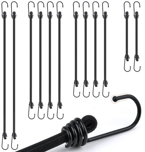 USENG 12Pièces Tendeurs Elastique avec Crochets Métalliques avec 100cm 70cm 50cm 30cm,Robuste Cordes Élastiques Tendeur Crochet Tendeur,Bungee Cords avec Crochets pour Barres de Toit Vélo Camping Moto