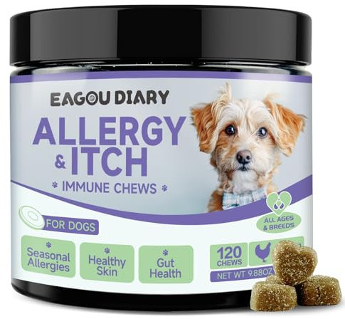 Prurito per Cani, Antiallergici per Cani, Allergia e Immunità, Supplemento Immunitario per Animale Domestico con Omega 3, Fermare il Prurito, il Leccamento e il Grattamento, 120 Morbidi Snack