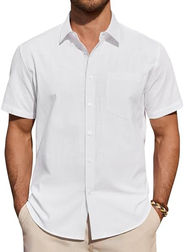 siliteelon Mens Linen Shirts Short Sleeve Summer Shirt Regular Fit Casual Cotton Holiday Beach Tops with Pocket White L