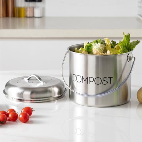 Navaris Counter Top Compost Bin - Odour Blocking 3.17 qts (3L) Indoor Food Waste Caddy - Includes 3 Activated Carbon Filters - Small Composter Bins With Handle for Kitchen