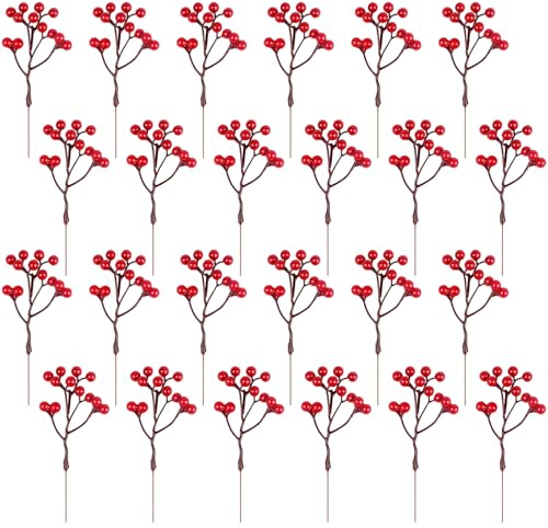Fangoo 24 Stück 18cm Künstliche Rote Beeren für Weihnachtsbaum Deko Stechpalmenbeeren Zweige Dekorationen für Weihnachten Zuhause Holly Beeren für Handwerk Winter Urlaub Hochzeit Deko