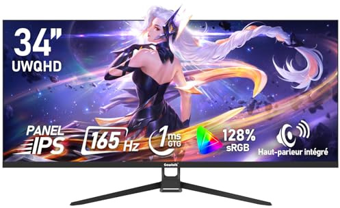 Gawfolk Schermo PC IPS ultra largo da 34 pollici, monitor da gioco 165 Hz, 21:9 UWQHD (3440 x 1440), 128% sRGB, sincronizzazione adattativa, angolo di visione di 178 °, DisplayPort, HDMI, VESA 75 x 75