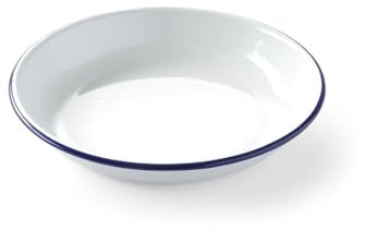 HENDI Assiette en acier émaillé blanc, avec bord bleu, récipient, plat rond, assiette creuse, ø220x(H)36mm
