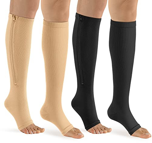 bropite Zipper Compression Socks Women & Men - 2Pairs Calf Knee High 15-20mmHg Open Toe Compression Stocking suit for Walking