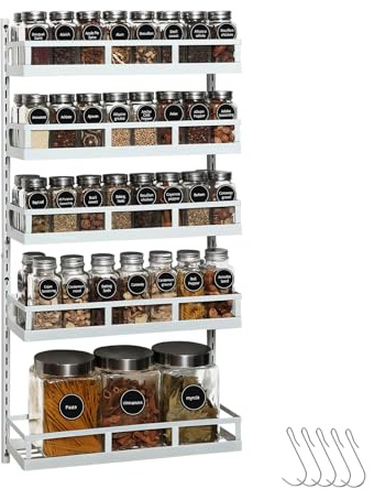 X-cosrack Wall Mount Spice Rack Organizer 5 Tier Height-Adjustable Hanging Spice Shelf Storage for Kitchen Pantry Cabinet Door, Dual-Use Seasoning Holder Rack with Hooks, White