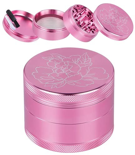 Herb Grinder, Premium Aluminium Spice Grinders 2.2 Inches 4 Pieces Metal Grinder Laser Flower Pattern–Includes Pollen Catcher Stainless Steel Screen, Pollen Scraper (Pink)