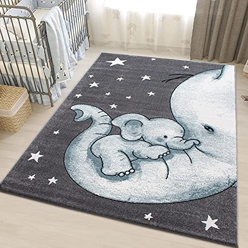 Kids Rug Blue Grey Animal Nursery Rugs Elephant SOFT Woven Childrens Bedroom Carpet Baby Play Mat Unisex (Blue Grey White Elephant, 80x150cm (2'6x5'0))
