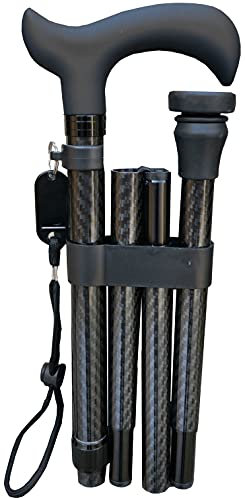 Deluxe Carbon Fibre 4-Part Folding Adjustable Walking Stick Cane for Men, Ladies and Women with Soft Grip Handle - 33.5” to 37.5”