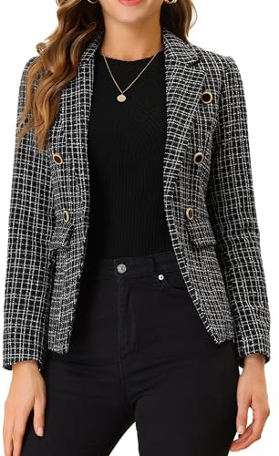 Allegra K Chaqueta de Tweed de Manga Larga a Cuadros Elegante para Mujer, Negro, XL