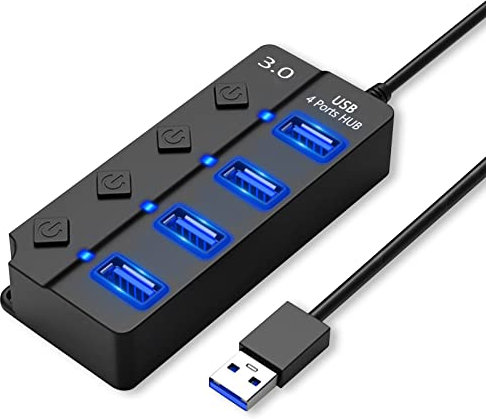 HORJOR Hub USB Sdoppiatore Multi Porta Con Interruttore Separato e Spie LED, 4 Porte USB, Alimentato Con 1 Porte USB 3.0 & 3 Porta USB 2.0, per Veloce Trasferimento Dei Dati & Ricarica