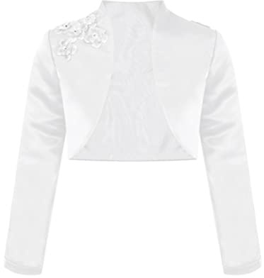TiaoBug Kinder Mädchen Langarm Bolero Strickjacke Weiß festlich Schulterjacke Bauchfreie Perle Jacke Taufe Kommunion Hochzeit Gr. 92-140 Weiß A 146-152