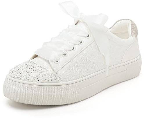 Elivandon 9994 Hochzeit Schuhe Spitze Braut Sneakers 3,7cm Plattform Braut Tennis Schuhe Sparkling Strass Hochzeit Sneakers Farbe Elfenbein,Größe 40 EU (6.5 UK)