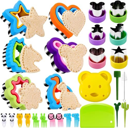 Loppdece Ausstechformen Set,28 Stück Brotausstechformen für Kinder,Ausstecher Brot und Gemüse Kinder,Sanwich Gemüse Obst Ausstecher,Edelstahl,Komfortgriff Abnehmbar,Einhorn Dino Herz Stern Formen