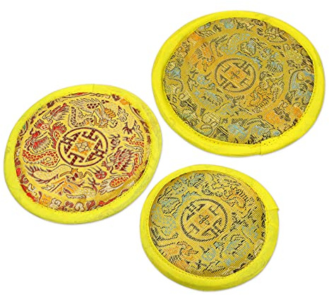 Abaodam Cuscini per Campane Tibetane 3 Pezzi in Cotone Giallo con Motivo Ricamato, Proteggi Campane e Supporto per Meditazione Zen