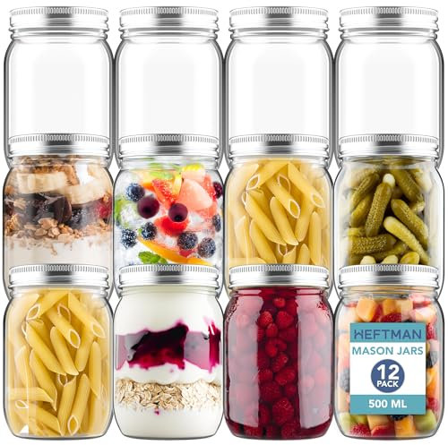 HEFTMAN Glass Mason Jars with Lids - Set of 12 500ml Air Tight Jars for Overnight Oats, Homemade Jam - Sturdy Glass Jar with Lid for Honey, Pickling, Preserving, Food Storage (500ml)