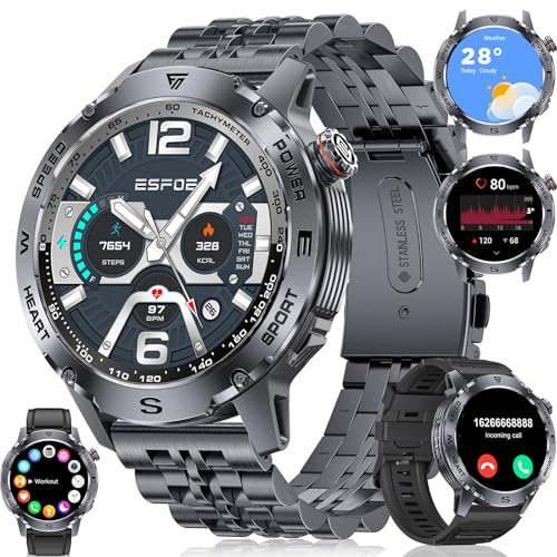 Smartwatch Herren Militärische mit Telefonfunktion 500 mAh Langer Batterielaufzeit AMOLED-Display 5 ATM Wasserdicht Fitness Tracker Schrittzähler/Herzfrequenz iOS Android Uhren Smartwatch Schwarz