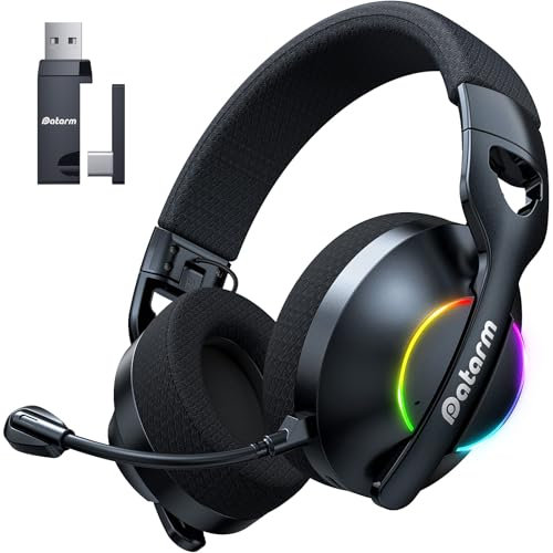 Datarm Wireless Gaming Headset for Ps5, Ps4, Switch, PC, Mac, 5.3 Bluetooth Headphone with Detachable Noise Canceling Mic, Ligthweight Foldable Gaming Headset with LED, 50Hr Battery - Black