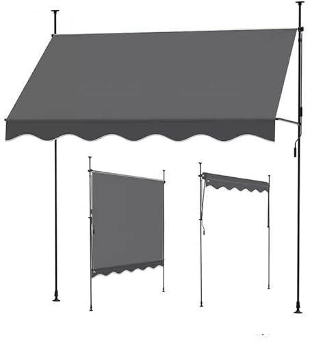 zklaseot Manual Retractable Awning, With Support Pole Stand Patio Sun Shade Shelter UV Resistant Fabric, For Window, Door, Porch, Coffee(Gray,200x120cm)