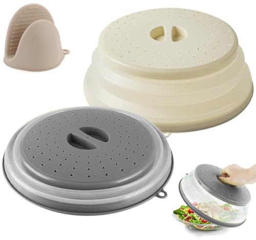 lbxtswpl Mikrowellen Abdeckung, 2 Stück Faltbare Mikrowellenabdeckhaube, Filterkorb Mit Dampf Löchern Spritzschutz Mikrowelle Zubehör für Obst Gemüse Konservierung Von Lebensmitteln(Weiß+Grau)