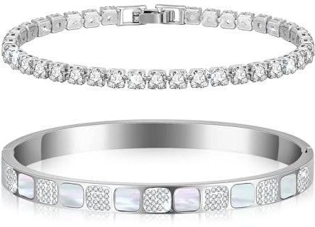 VNOX Armband Damen Armreif Silber : Schachbrett Frauen Tennisarmband 17cm 2Pcs Damen Armbänder Zirkonia 6mm Breit Edelstal Schmuck Geschenk für Mädchen Mama Freund Tochter