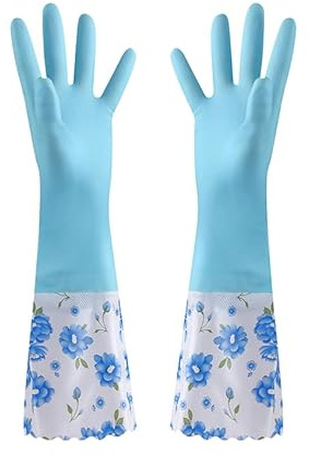 BrightGlow gummirengöringshandskar hushållshandskar vattentäta bomull fodrade diskhandskar kök rengöringshandskar trädgårdshandskar PVC-handskar, blå#1, One size