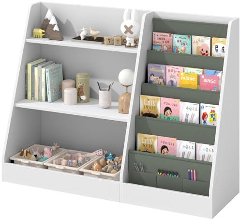 Kids Bookshelf,Children Kids Bookcase Shelves,Wooden Kids Storage Book Rack, Toddler Book Shelves Units Toy Organizer Cabinet Book Display Shelves for Bedroom, Playroom, Nursery, Kindergarten (White)