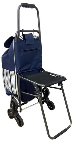 Carrello Spesa 3 ruote per salire Scale, con Sedia Pieghevole, Borsa Removibile, Carrello Portaspesa, 30L, Capacità di Carico 32kg