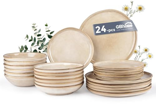 GBhome Steingut Geschirrset 6 Personen, 24-tlg Reaktive Glasur Handarbeit Geschirr Set, Mikrowellen- & Spülmaschinenfest Schüssel- und Teller Set, Cappuccino