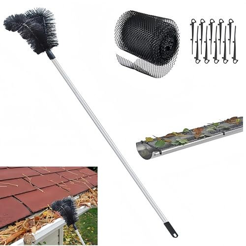 Juego de herramientas de limpieza de canalones – con cepillo y protector de canalones de plástico, barra de limpieza de canalones extensible de 2,38 m, pala para limpiar hojas, suciedad, araña