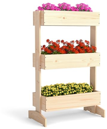 HOMASIS Huerto Urbano Terraza Vertical de 3 Bancales, Escalera de Plantas, Flores, Verduras, Madera de Pino con Orificio de Drenaje, Ángulo Ajustable, Mesa de Cultivo para Exterior, Jardín, Natural
