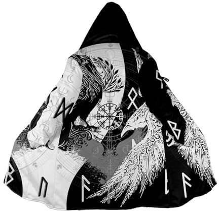 Wikinger Valhalla Amulett Herren Kapuzenumhang, Nordische Mythologie Runen Rabe Winterwarmer Kaschmirmantel, Mittelalter Oberbekleidung, Norwegen Geschenke(Odin Raven,XXL)