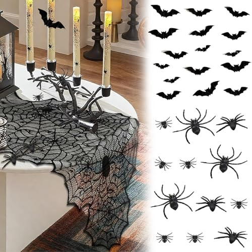 Shyllin Chemin de Table Halloween Noir avec Motif Toile d’Araignée, Nappe Halloween 183×45 cm Inclus 16 Chauves-Souris et 12 Araignées, Déco Table Halloween pour Tables de Cuisine et Fêtes