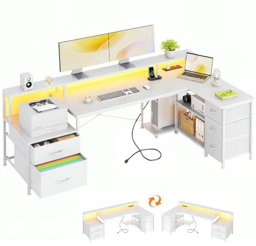 VERMESS L Shaped Desk with 5 Fabric Drawer, 74 Computer Corner Desk with Power Outlet, Home Office Table with Storage Shelves & File Drawer, Gaming Desk with Led Lights, Wooden Board, Vintage