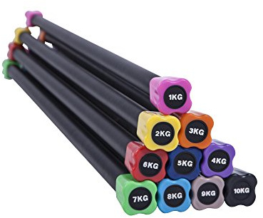 GORILLA SPORTS® Barra Aerobica - 1kg, 2kg, 3kg, 4kg, 5kg, 6kg, 7kg, 8kg, 9kg, 10kg, Antiscivolo, in Acciaio Gommato, Codificato a Colori - Pesata, dei Pesi, Weighted Body Bar