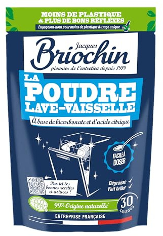 JACQUES BRIOCHIN - Poudre lave-vaisselle - Facile à doser - Dégraisse et fait briller - 30 lavages - A base de bicarbonate et d'acide citrique - 99% d'origine naturelle - Fabriqué en France - 500g