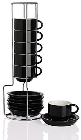 Sweejar Home Juego de 6 tazas y platillos de porcelana para expreso, apilables con soporte de metal, 70 ml para café con leche, café, moca, té, color negro