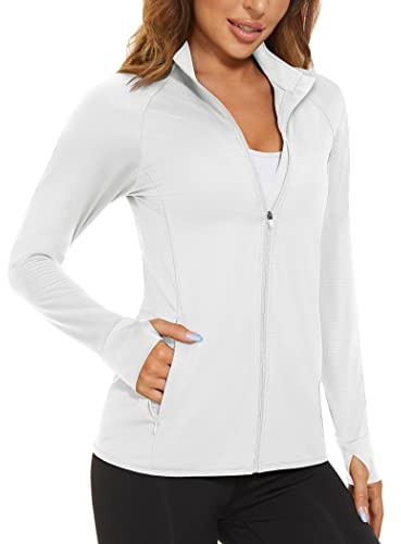 MAGCOMSEN Women's Lightweight Jacket Full Zip Long Sleeve Shirt Jacket Workout Jackets for Women Running Athletic Jackets White L