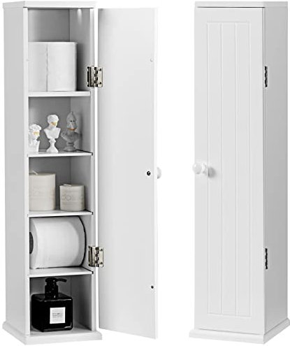 GIANTEX Armario de Inodoro con Orificio para Papel Higiénico, Mueble Estrecho con 5 Estantes Interiores (3 Extraíbles), 16 x 17 x 69 cm, Mueble Auxiliar para Baño, Lavandería, Cocina (Blanco)