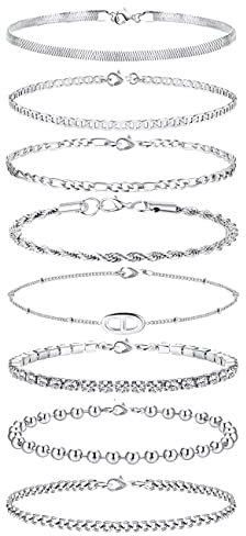 MILACOLATO Edelstahl Armbänder Set Für Damen Silber Gold Armband Verstellbar 18Karat Vergoldet CZ Kettenarmband Figaro Kubanisches Tennis Kette Armkette Twist Fischgräten Stapelbares Armband Schmuck