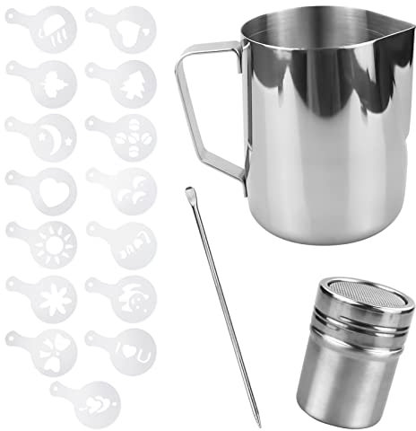 Jarra de leche de 600 ml, coctelera de polvo con tapa, molde de flor y latte Art Pen jarra de espuma de acero inoxidable, para hacer arte con leche de chocolate caliente, capuchino café latte (600 ml)