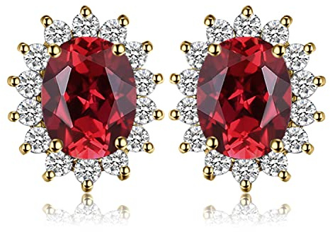 JewelryPalace Princess Diana Kate Middleton Class Gemstone Birthstone Genuine Red Garnet Stud Earrings for Women, 14k Yellow Gold Plated 925 Sterling Silver Earrings for Women, Earings Set