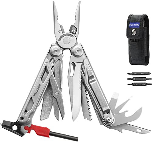 ROCKTOL Multifunktionszange, 22-in-1 Camping-Multitool-Zange mit Feuerstarter, Notfallpfeife, Glasbrecher, Sicherheitsverriegelung und Nylonscheide für Überleben, Camping, Jagd, Wandern