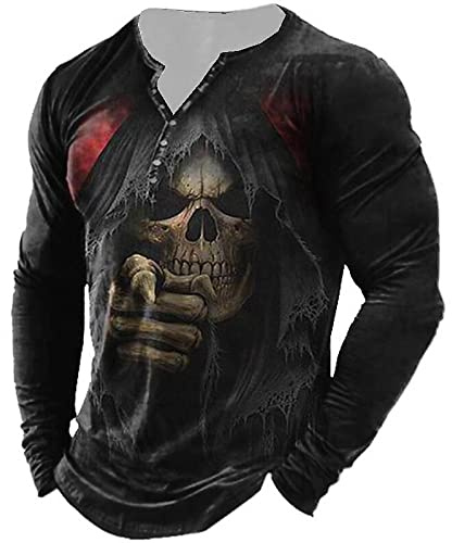 Camiseta Blanca Camiseta Extragrande De Manga Larga Gótica con Estampado De Motocicleta En 3D para Hombre con Cuello En V Y Calavera,Cx7Kou-Tg-082303,S