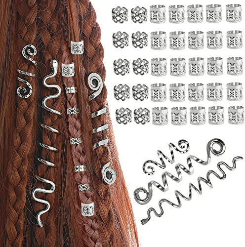 MUFEKUM 38 Stück Dreadlocks Schmuck Haarspiralen Clips, Verstellbar Metall Cuffs Haar Flecht Ringe, Perlen Haarschmuck Braids Haar Dreadlocks Zubehör Für Frauen Männer Zöpfe Dekoration (Silber)